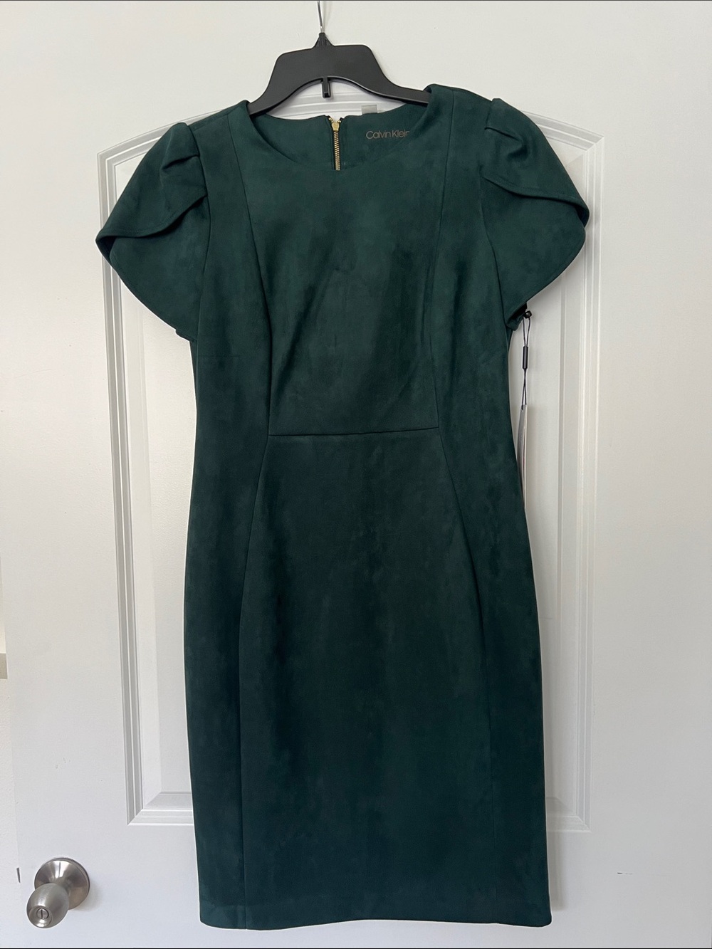 Calvin Klein Dark Green Faux-Suede Puff Sleeve Sheath Dress